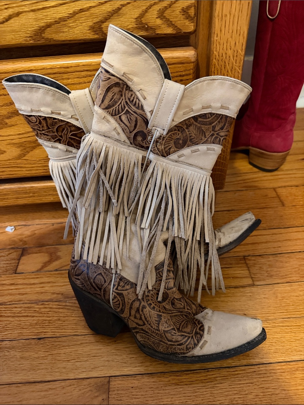 Fringe Western Cowgirl Boots - Cream and Brown